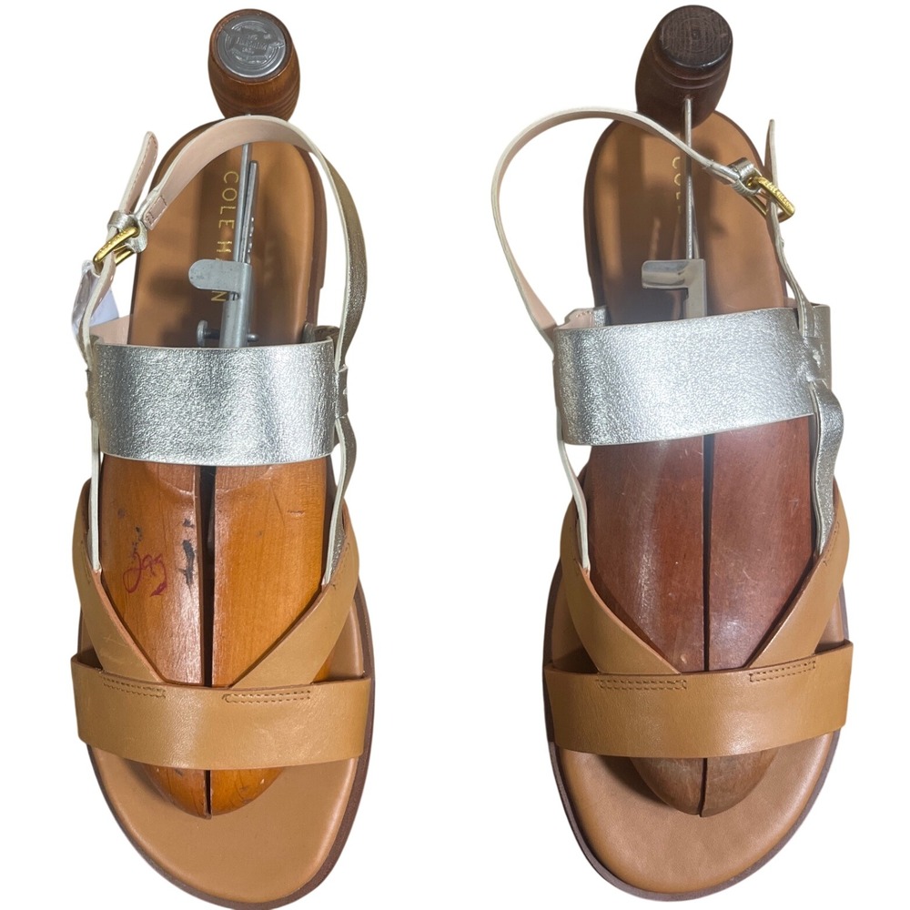Cole Haan Women W30285 Leather Slingback Flat Sandals Tan/Silver Metallic Sz 10B